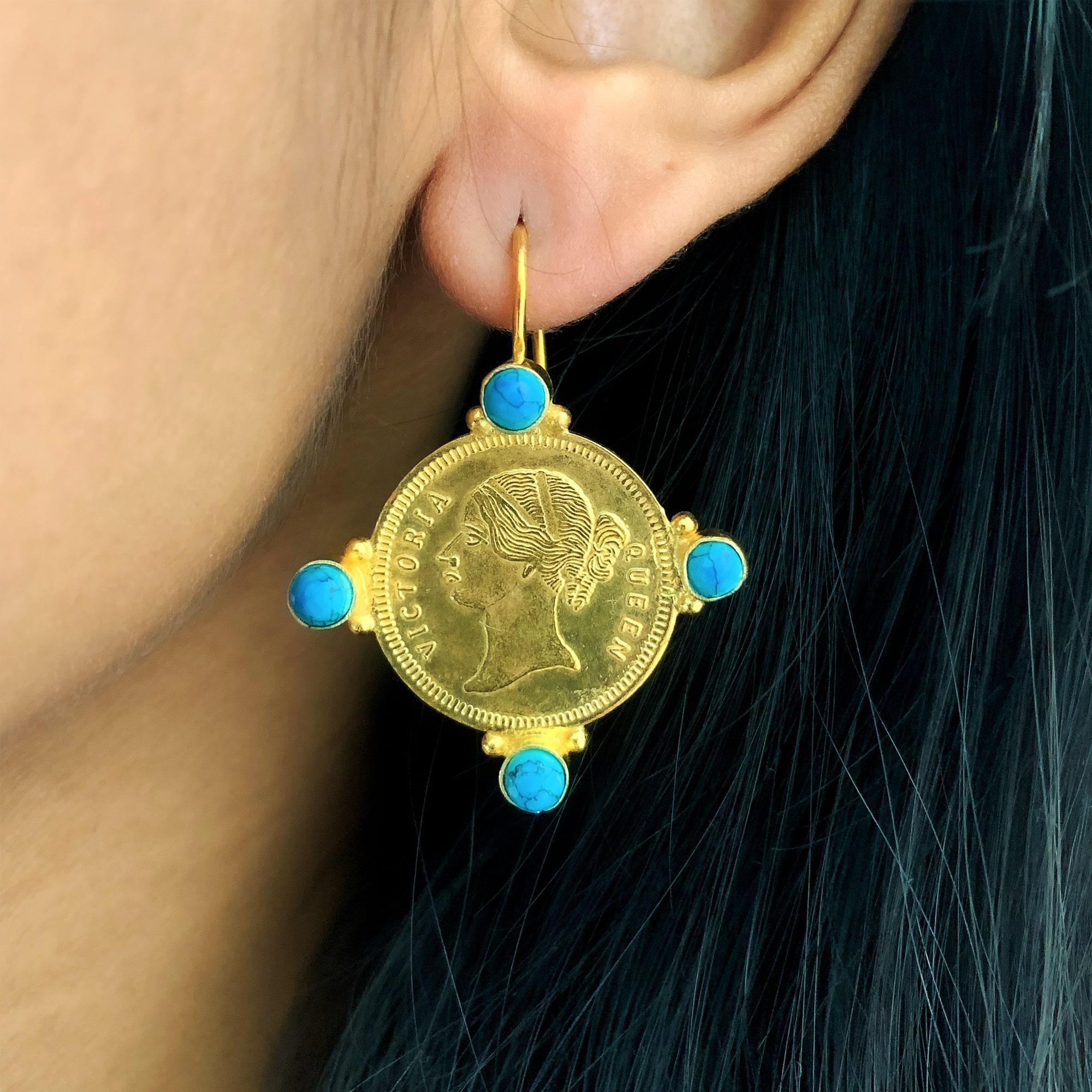 Golden Round Gold Plated Two Coin Laxmi Stud Earring Jewelry For Women