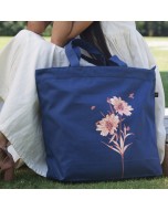 Happy Flowers Printed Cotton Tote Bag - Blue