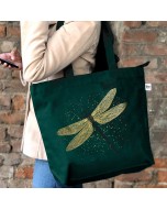 Glitter Effect Dragonfly Printed Cotton Tote Bag - Green