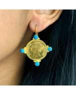 Handcrafted 925 Gold Plated Silver Rania Coin Earrings - Golden & Teal