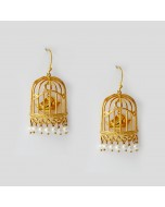 Handcrafted 22k Gold Plated Bird Cage Pearl Jhumka Earrings - Golden & White