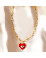 Handcrafted 22k Gold Plated Brass Heart Evil Eye Necklace - Multicolour