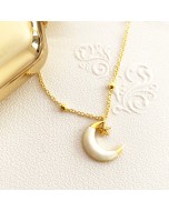 Handcrafted 22k Gold Plated Brass Moon Star Necklace - Golden & White