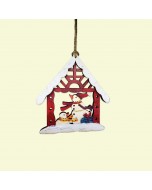 Wooden Snowman with House Ornament - Red