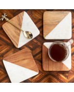 Handcrafted Marble & Wooden Coaster - Brown & White, Pack of 4
