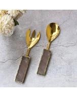 Agate & Gold Electroplated Salad Server Spoon & Fork - Golden & Rose