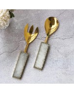 Agate & Gold Electroplated Salad Server Spoon & Fork - Golden & White