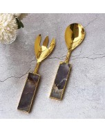 Agate & Gold Electroplated Salad Server Spoon & Fork - Golden & Purple