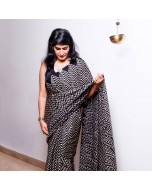 Handmade Modal Silk Monochrome Ajrakh Saree - Black & White
