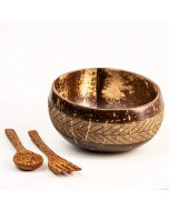 Geometric Jumbo Coconut Bowl with Spoon and Fork - 900 ml, Brown