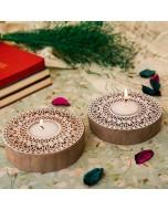 Hand Carved Wooden Block Tea Light Holder - Round, Wooden Brown & White, Pack of 2