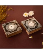 Hand Carved Wooden Block Tea Light Holder - Square, Wooden Brown & White, Pack of 2