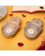 Handmade Wooden Hamsa Block Tea Light Holder - Wooden Brown & White, Pack of 2