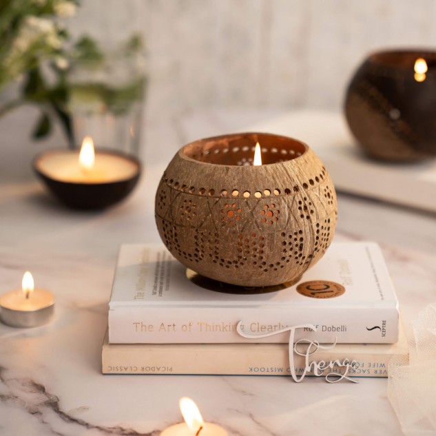 Hand Carved Jumbo Coconut Shell Candleholder - Tropical
