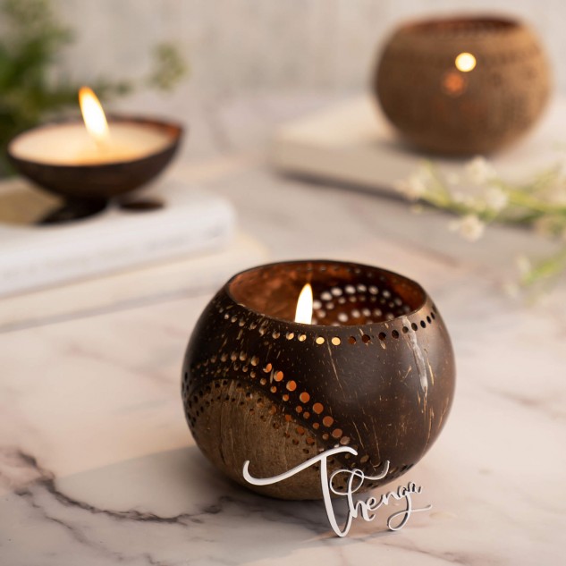 Hand Carved Jumbo Coconut Shell Candleholder - Exotic