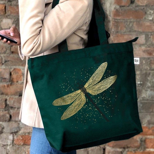 Glitter Effect Dragonfly Printed Cotton Tote Bag - Green