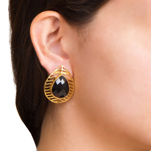 Handcrafted 22k Gold Plated Akan Tribal Black Onyx Studs - Black & Golden