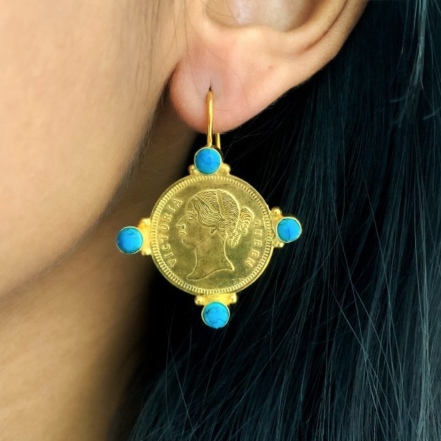 Handcrafted 925 Gold Plated Silver Rania Coin Earrings - Golden & Teal