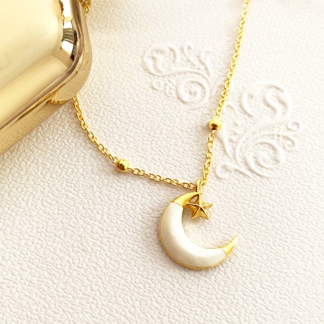 Handcrafted 22k Gold Plated Brass Moon Star Necklace - Golden & White