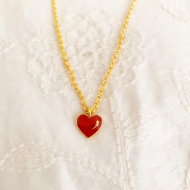 Handcrafted 22k Gold Plated Brass Mini Heart Necklace - Golden & Red