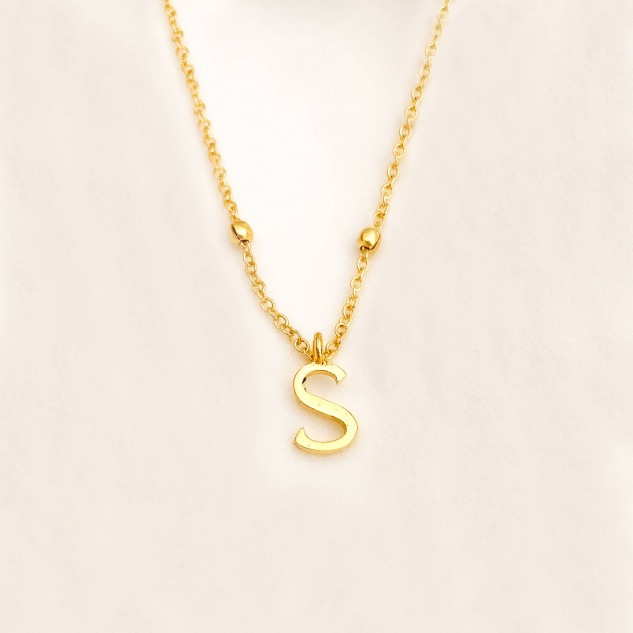 Handcrafted 22k Gold Plated Brass Initials Necklace - Golden, Letter S