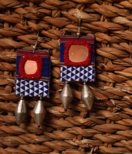 Upcycled Ambari Blue Red Handmade Mirror Earrings 