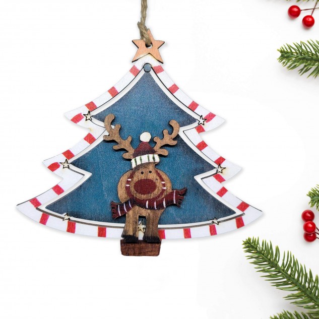 Wooden Christmas Tree with Reindeer Ornament - Green