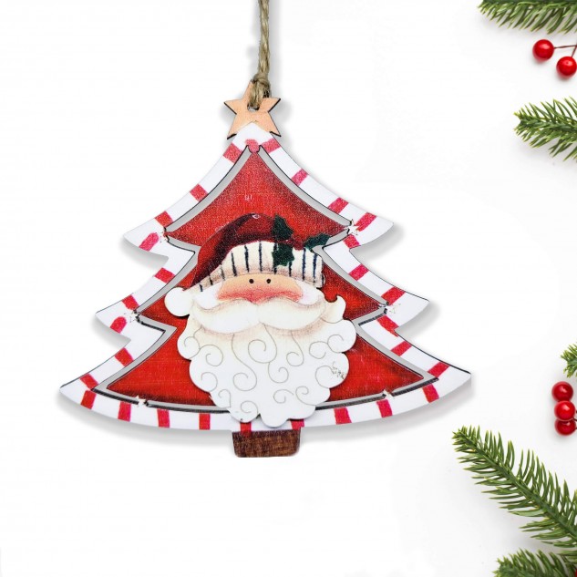 Wooden Christmas Tree with Santa Ornament - Red