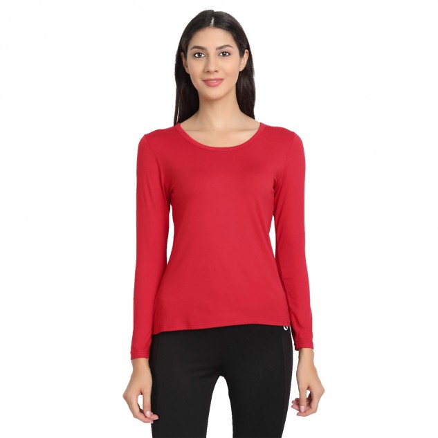 Bamboo Fabric Women's Full Sleeve T-Shirt - Red, Size S