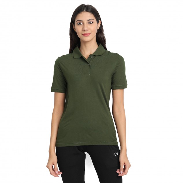 Women's Organic Bamboo Fabric Polo T-Shirt - Olive, Size S