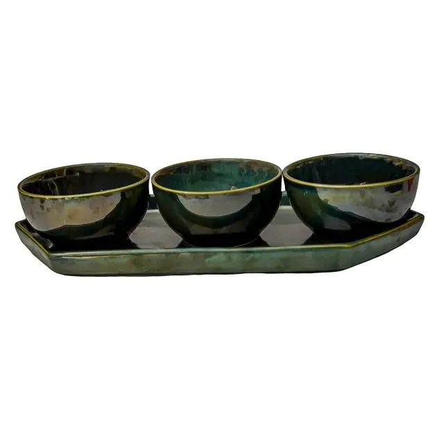 Ceramic Bowl and Tray Set - Dark Green