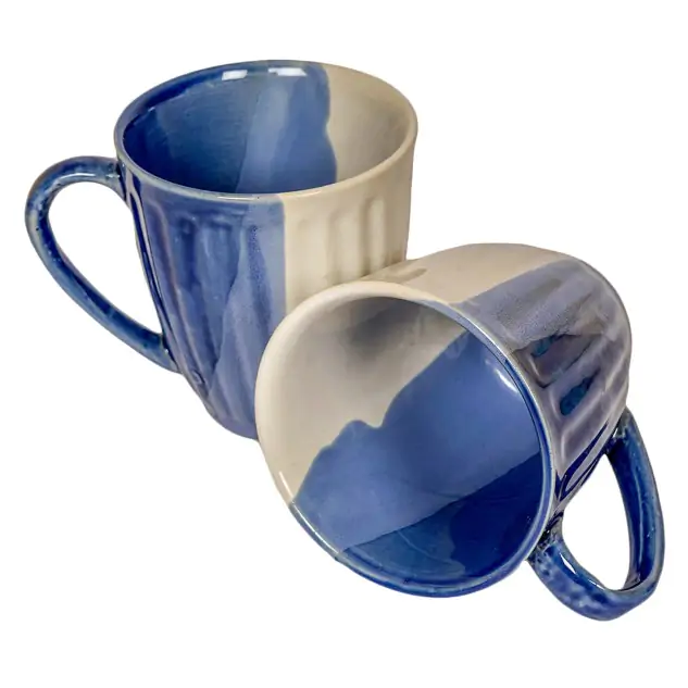 Ceramic Striped Tricolour Coffee Mug - White & Blue