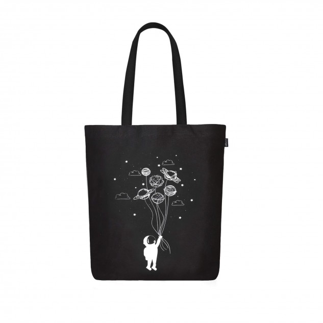 Fly Me to Space Printed Cotton Tote Bag - Black