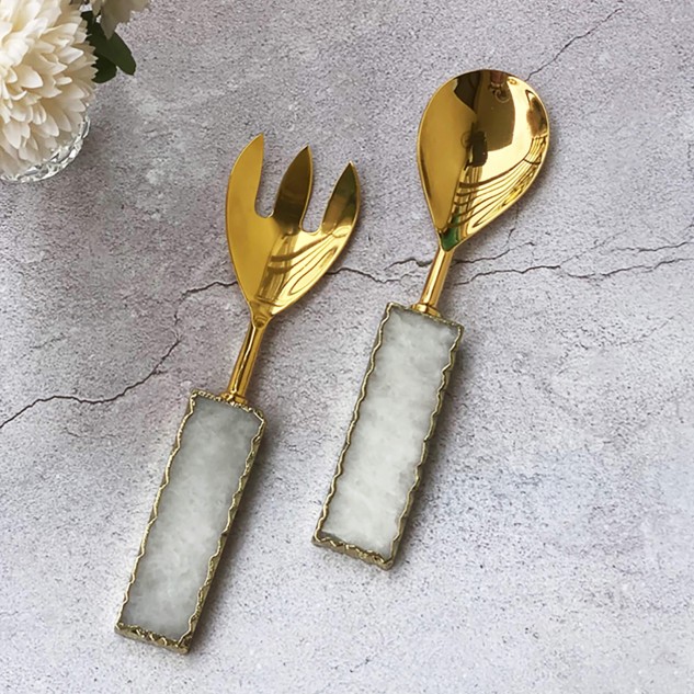 Agate & Gold Electroplated Salad Server Spoon & Fork - Golden & White