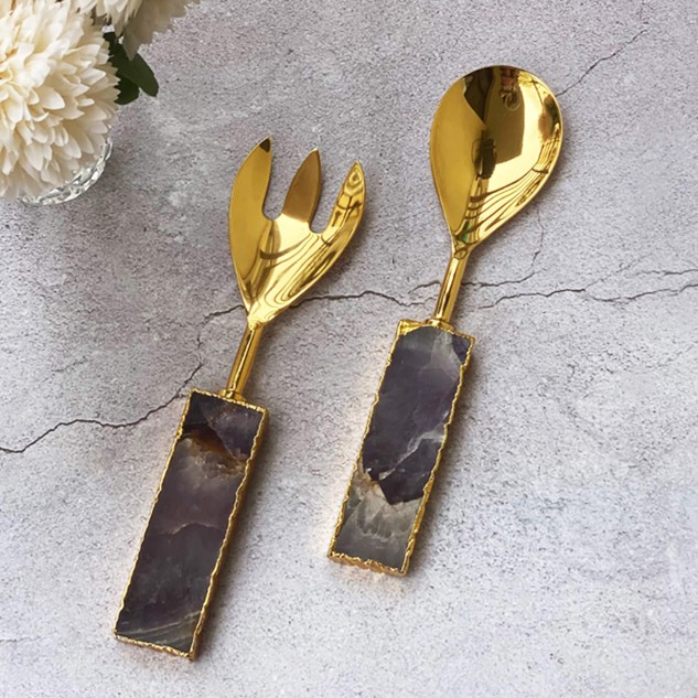 Agate & Gold Electroplated Salad Server Spoon & Fork - Golden & Purple