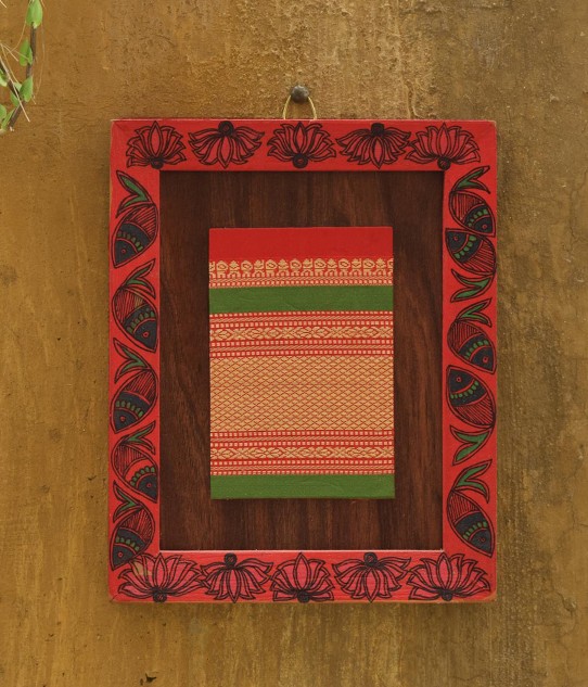 Upcycled Fish Lotus Madhubani Hand-painted Fabric Wall Frame