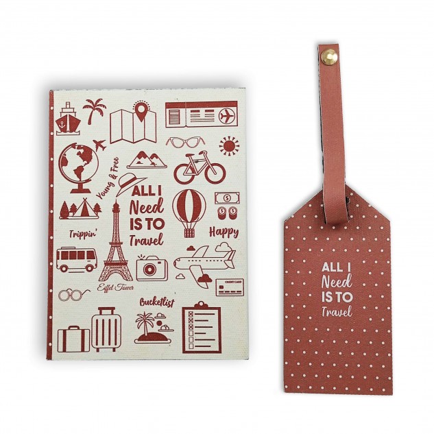 All I Need Is To Travel Gift Set Passport Cover + Luggage Tag - Brown