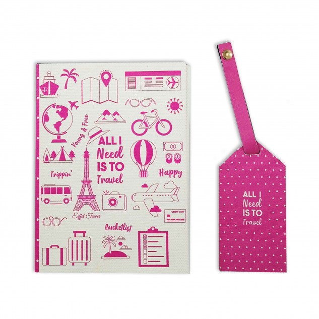 All I Need Is To Travel Gift Set Passport Cover + Luggage Tag - Fusia Pink