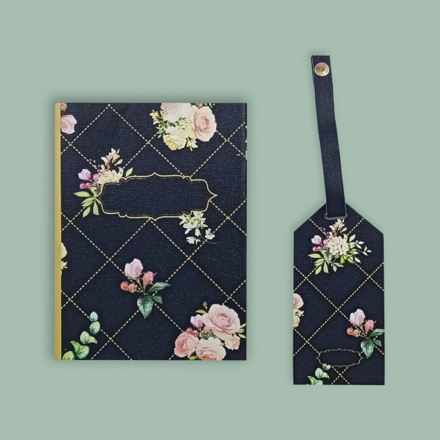 Vintage Floral Gift Set Passport Cover + Luggage Tag - Black, Floral Print