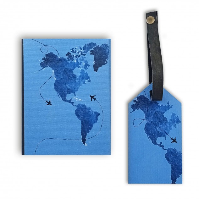 World Map Gift Set Passport Cover + Luggage Tag - Blue
