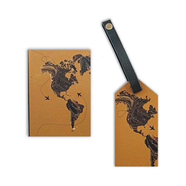 World Map Gift Set Passport Cover + Luggage Tag - Tan