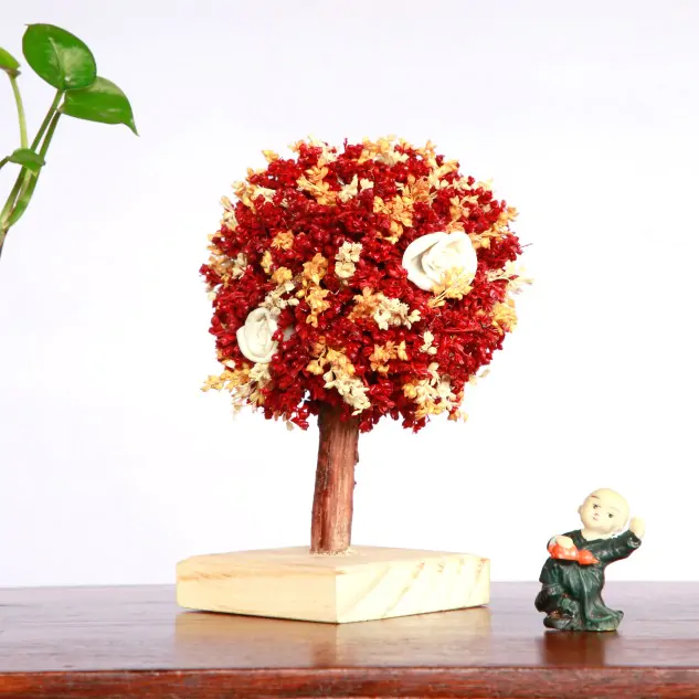 Handcrafted Red Fruit Tree with Wooden Stem and Base