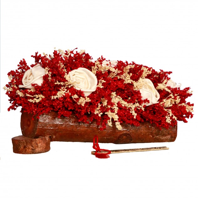 Handcrafted Red Flower Arrangement on a Wooden Bark