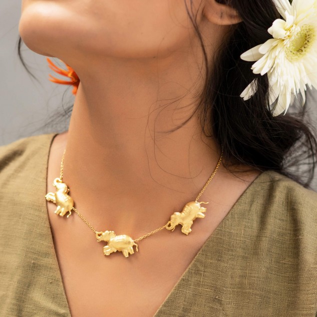 Handmade & Gold Plated Women's Gajendra Necklace - Golden
