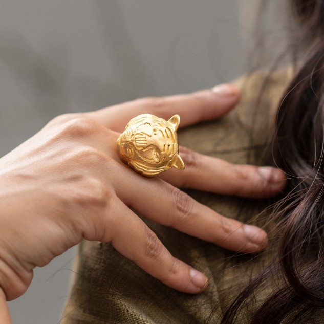 Handmade & Gold Plated Women's Tigris Ring - Golden