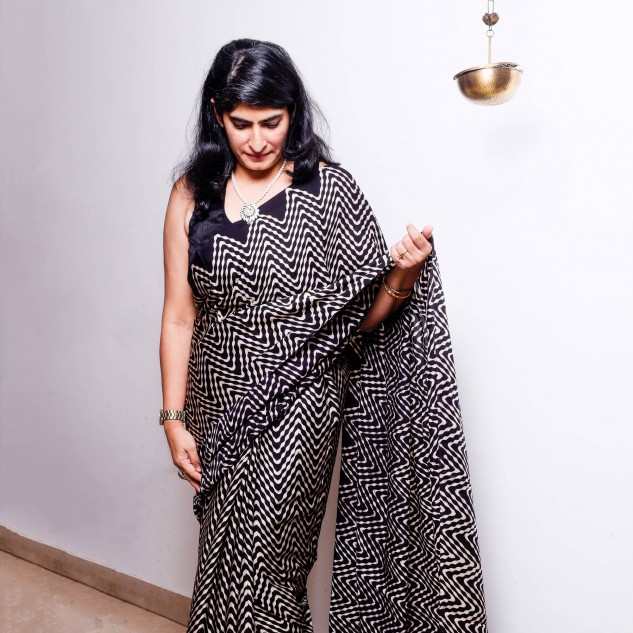 Handmade Modal Silk Monochrome Ajrakh Saree - Black & White