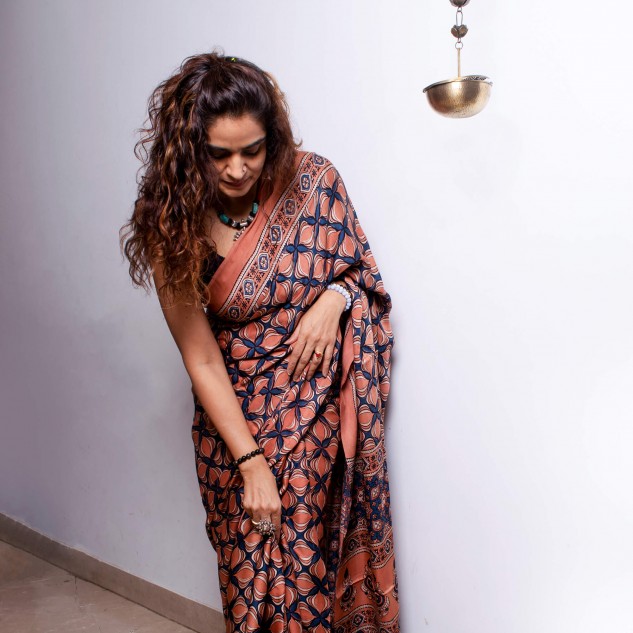 Handmade Modal Silk Ajrakh Saree - Indigo & Rose Madder
