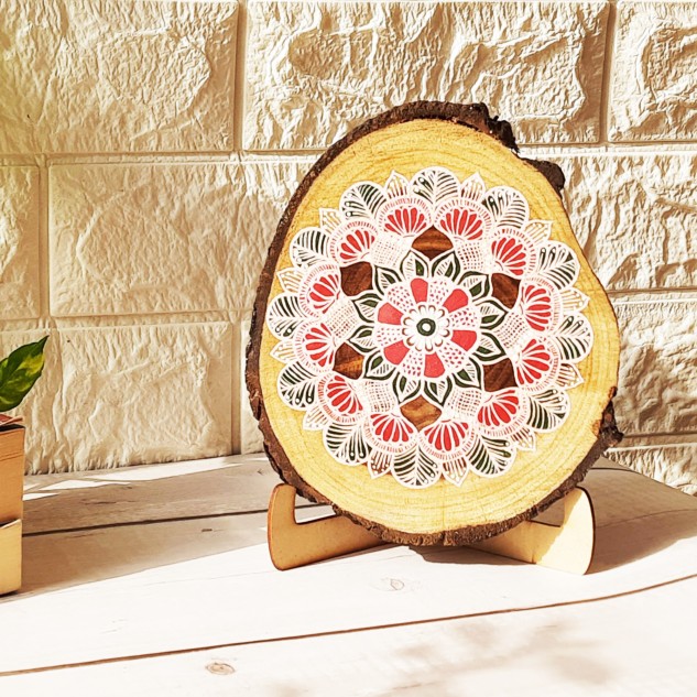 Teak Wood Wall Plate with Easel Stand - Red
