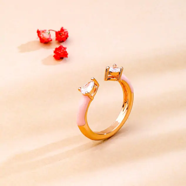 Handcrafted Brass & 18K Gold Plated Gumball Ring - Golden & Pink