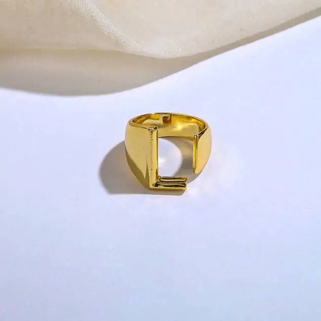 Handcrafted Brass & 18K Gold Plated Initial Ring - Golden, Letter L